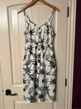 Pineapple Tropical Print Button Front Midi Sundress White Small